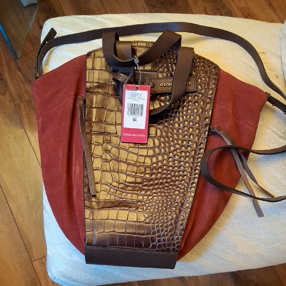 Vince Camuto Brown Croc-Embossed Leather & Red Suede Backpack